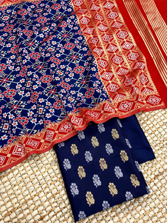 Navy Blue Katan Silk Silver Gold Zari With Patola Weave Dupatta Suit Set 700SKL_KS49