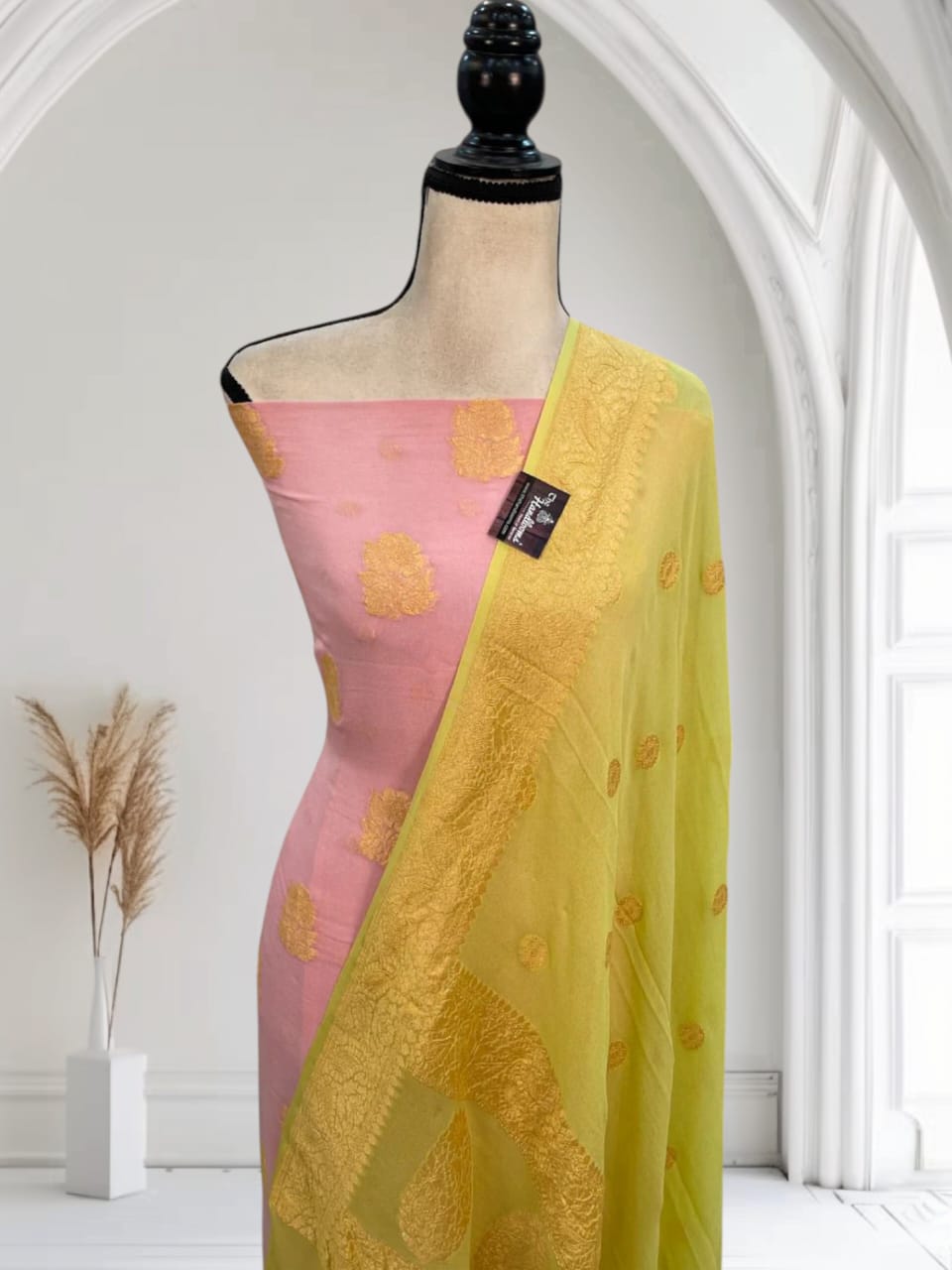 Pink Pure Handloom Premium Khaddi Georgette Nimzari weave Contrast Yellow Dupatta Banarasi Suit Set 6200SKL_KG3