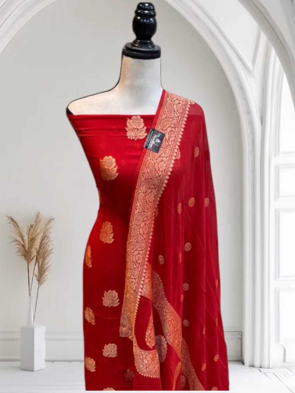 Red Pure Handloom Premium Khaddi Georgette Nimzari weave Banarasi Suit Set 6200SKL_KG4