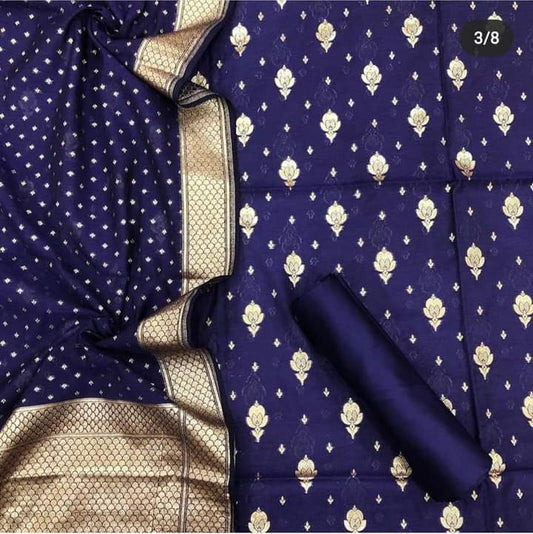 Blue Pure Mercerise Floral Zari Booti with Lorex weave Dupatta Suit Set 1200SKL_PML13