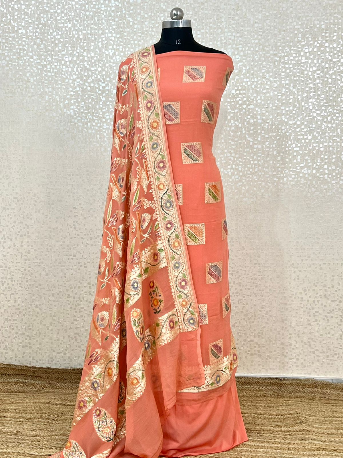 Peach Premium Khaddi Georgette Floral Water Zari Handbrush Boota with Handbrush Dupatta Banarasi Suit Set 7000SKL_KG7