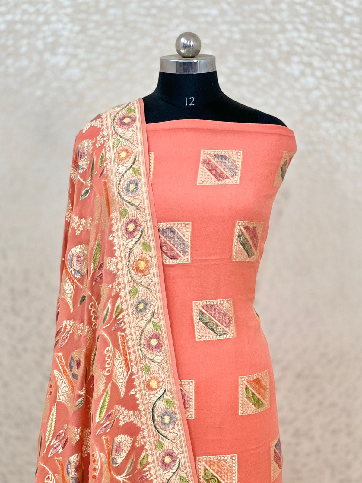Peach Premium Khaddi Georgette Floral Water Zari Handbrush Boota with Handbrush Dupatta Banarasi Suit Set 7000SKL_KG7