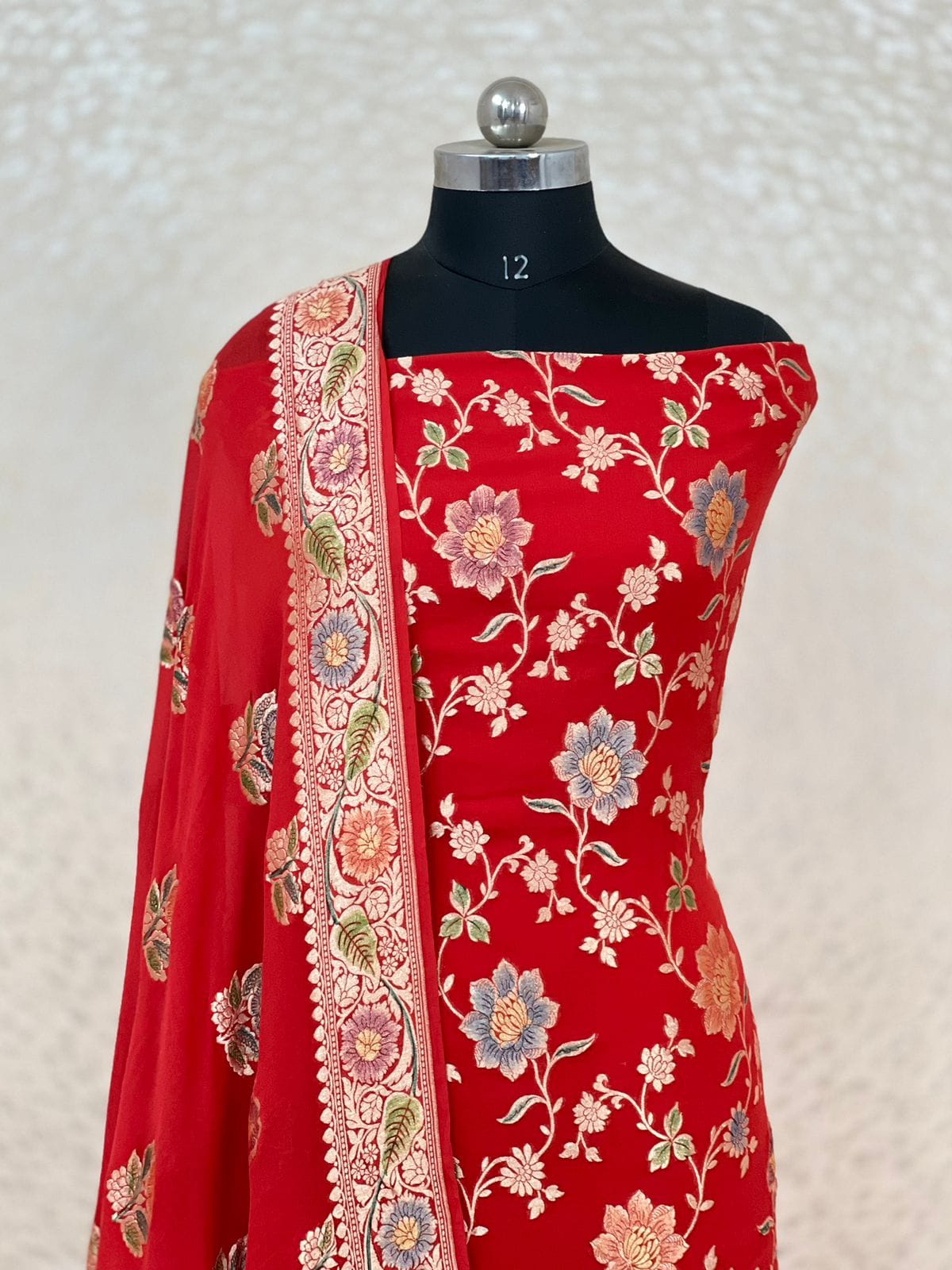 Red Premium Khaddi Georgette Handbrush Floral Zari Jaal with Handbrush Dupatta Banarasi Suit Set 7000SKL_KG8