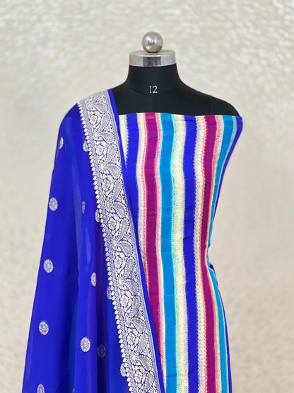Blue Premium Khaddi Georgette Handbrush Stripe with Chiffon Dupatta Banarasi Suit Set 7000SKL_KG9