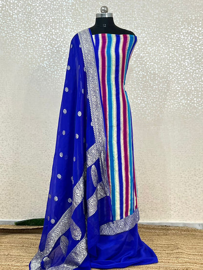 Blue Premium Khaddi Georgette Handbrush Stripe with Chiffon Dupatta Banarasi Suit Set 7000SKL_KG9