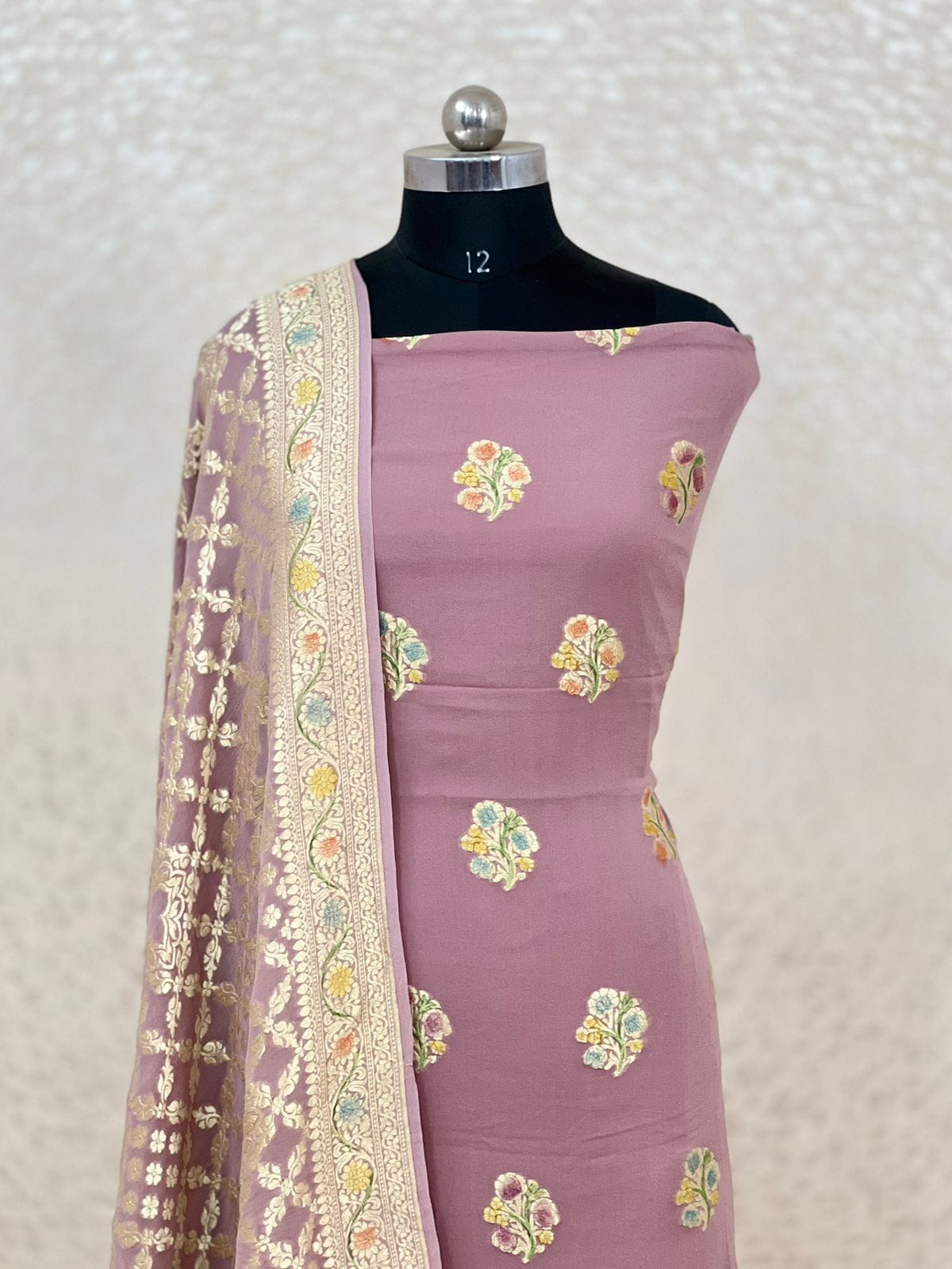 Mauve Premium Khaddi Georgette Handbrush Floral Zari Boota with Zari Stripe Dupatta Banarasi Suit Set 7000SKL_KG10
