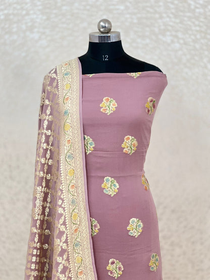 Mauve Premium Khaddi Georgette Handbrush Floral Zari Boota with Zari Stripe Dupatta Banarasi Suit Set 7000SKL_KG10
