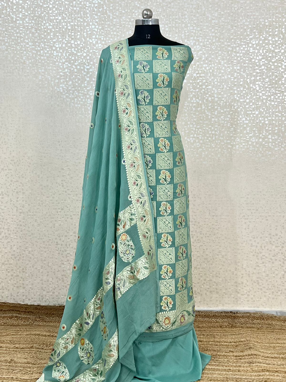 Seagreen Premium Khaddi Georgette Handbrush Floral Zari Boota with Handbrush Booti Dupatta Banarasi Suit Set 7000SKL_KG12