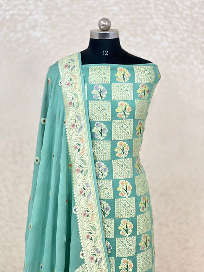 Seagreen Premium Khaddi Georgette Handbrush Floral Zari Boota with Handbrush Booti Dupatta Banarasi Suit Set 7000SKL_KG12
