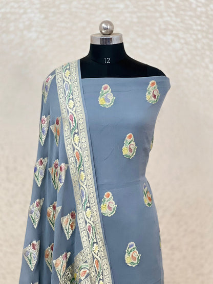 Light Blue Premium Khaddi Georgette Handbrush Floral Zari Boota with Zari Stripe Dupatta Banarasi Suit Set 7000SKL_KG11