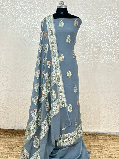 Light Blue Premium Khaddi Georgette Handbrush Floral Zari Boota with Zari Stripe Dupatta Banarasi Suit Set 7000SKL_KG11
