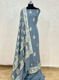 Light Blue Premium Khaddi Georgette Handbrush Floral Zari Boota with Zari Stripe Dupatta Banarasi Suit Set 7000SKL_KG11