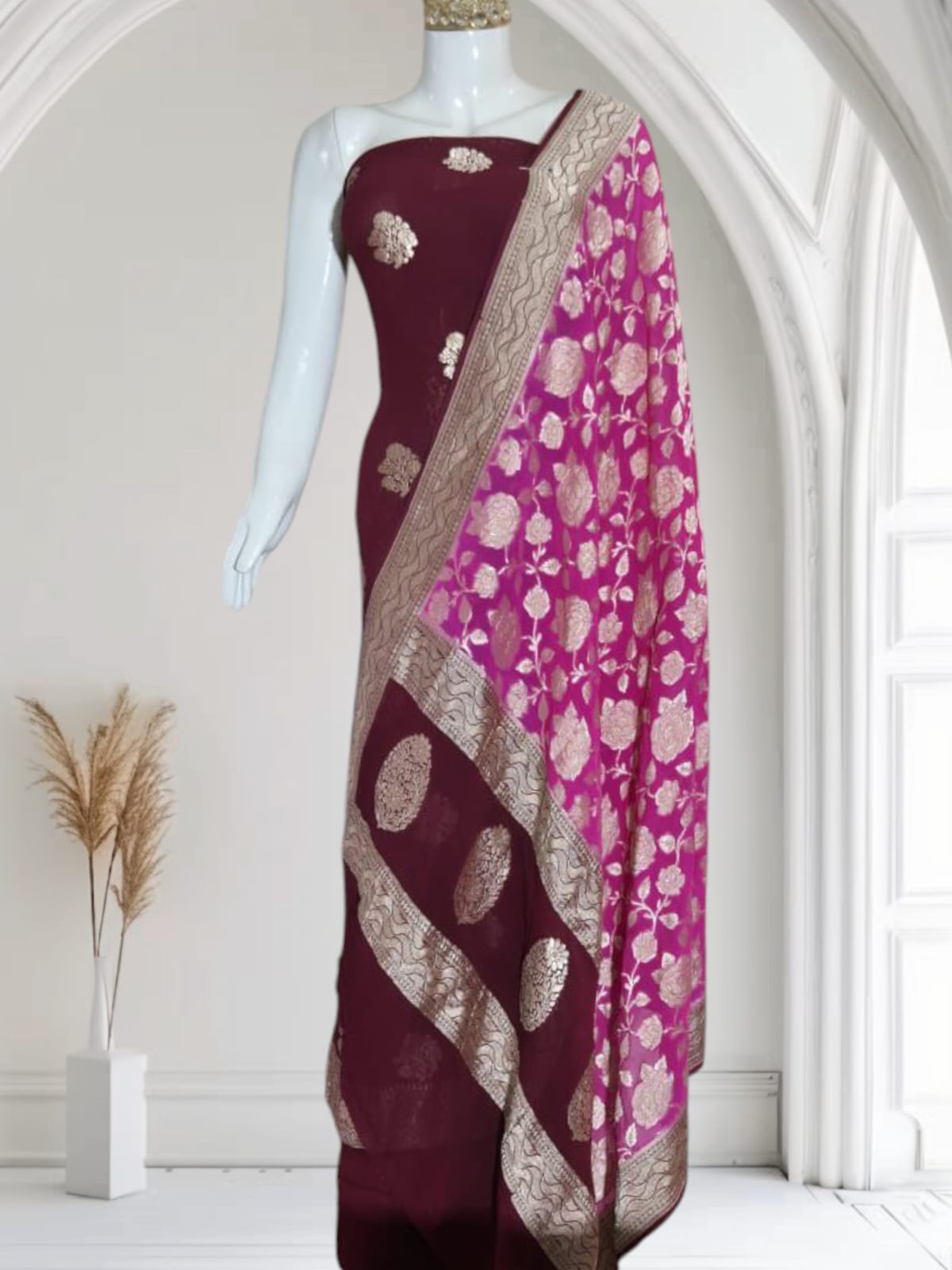 Maroon Premium Khaddi Georgette Floral Water Zari Boota Banarasi Suit Set with Contrast Magenta Dupatta 6500SKL_KG15