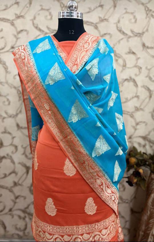 Orange Premium Khaddi Georgette Paisley Zari Boota Banarasi Suit Set with Contrast Blue Dupatta 6500SKL_KG16