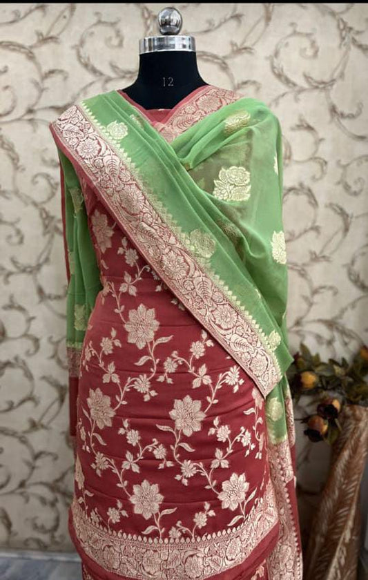 Maroon Premium Khaddi Georgette Floral Water Zari Jaal Banarasi Suit Set with Contrast Green Dupatta 6500SKL_KG19