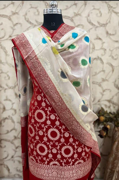 Red Premium Khaddi Georgette Floral Zari Jaal with Contrast White Handbrush Booti Banarasi Suit Set 6500SKL_KG20