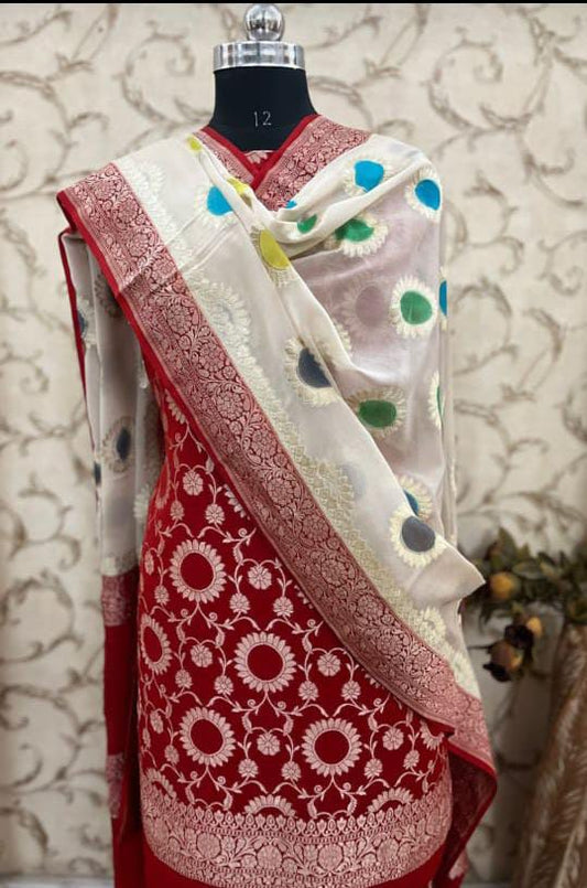 Red Premium Khaddi Georgette Floral Zari Jaal with Contrast White Handbrush Booti Banarasi Suit Set 6500SKL_KG20