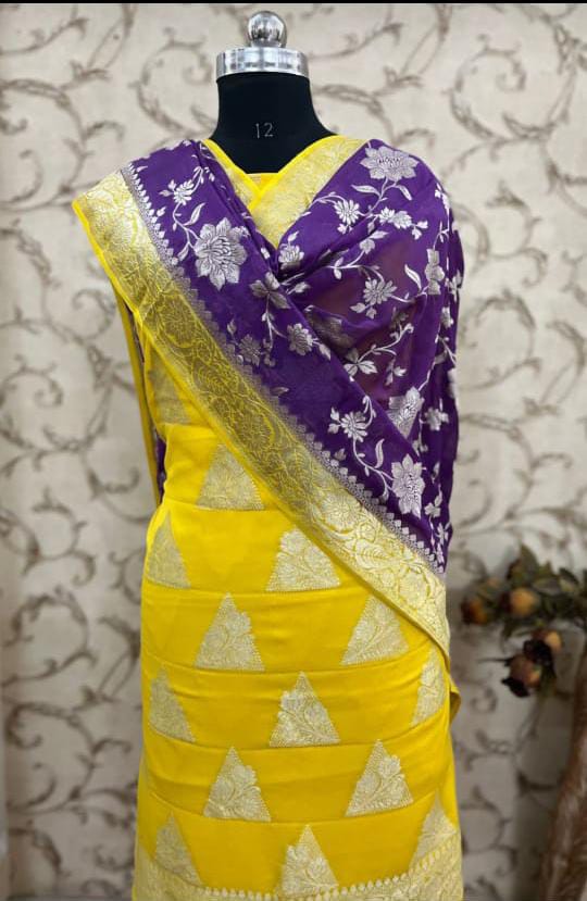 Yellow Premium Khaddi Georgette Geometrical Zari Boota Banarasi Suit Set with Contrast Purple Jaal Dupatta 6500SKL_KG21