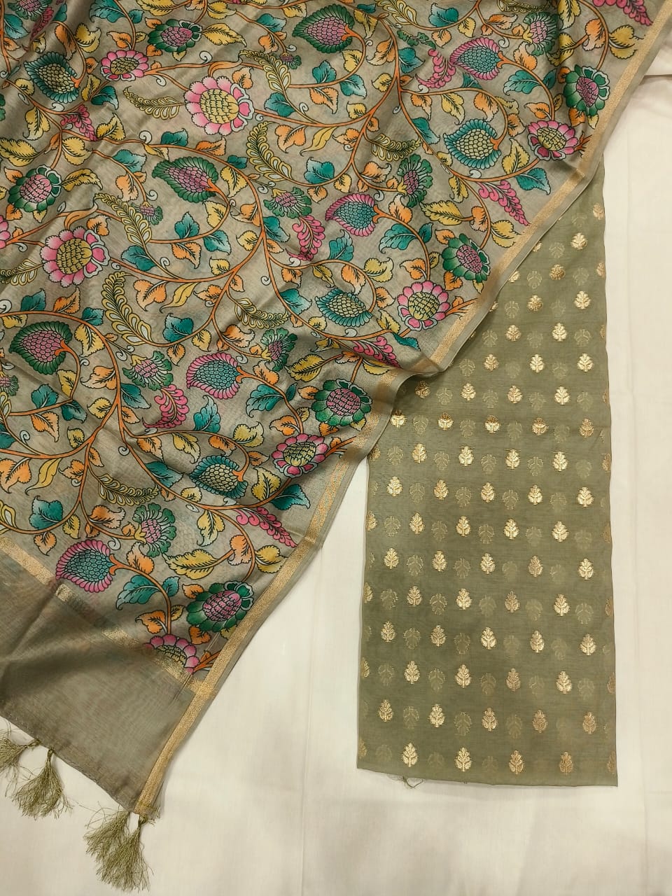 Olive Pure Mercerise Silk Chunri Zari Booti with Chanderi Silk Print Dupatta Suit Set 1100SKL_PMC12