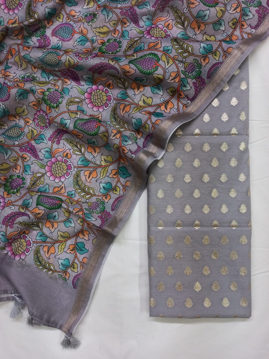 Grey Pure Mercerise Silk Chunri Zari Booti with Chanderi Silk Print Dupatta Suit Set 1100SKL_PMC15