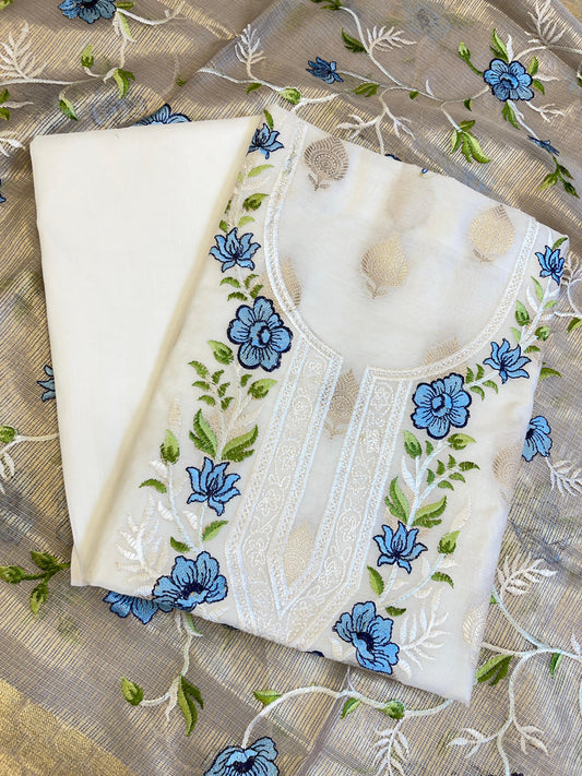 Off white Cotton Silk Dyable Embroidery Necklace with Tissue Silk Embroidered Dupatta Banarasi 3 pcs Suit Set IM_NC1