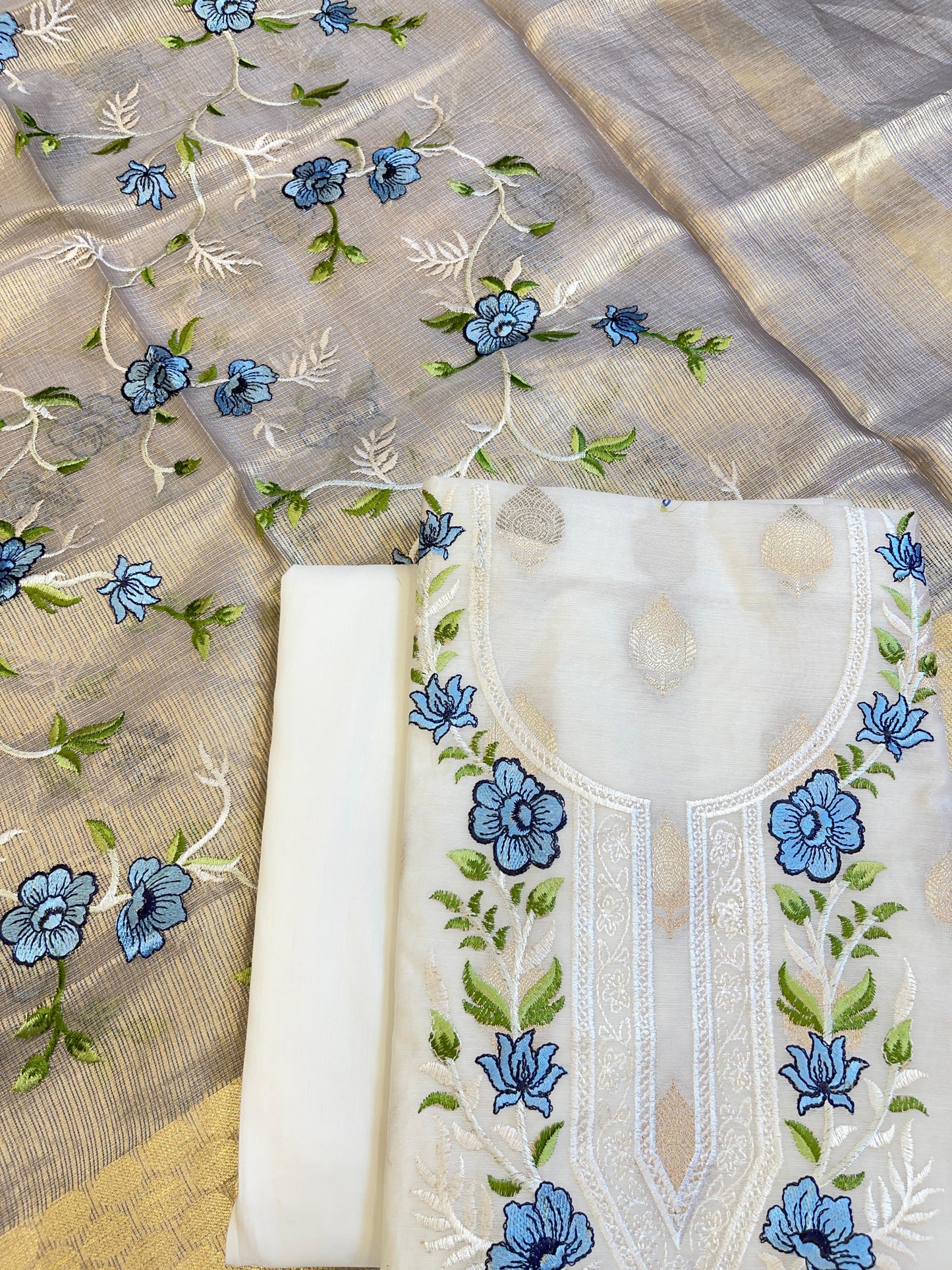 Off white Cotton Silk Dyable Embroidery Necklace with Tissue Silk Embroidered Dupatta Banarasi 3 pcs Suit Set IM_NC1