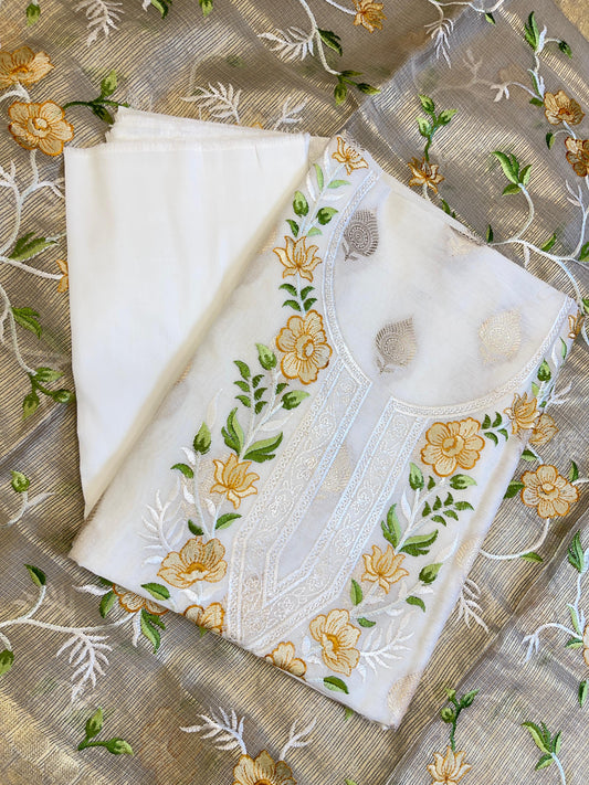 Off white Cotton Silk Dyable Embroidery Necklace with Tissue Silk Embroidered Dupatta Banarasi 3 pcs Suit Set IM_NC2