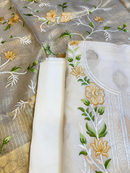 Off white Cotton Silk Dyable Embroidery Necklace with Tissue Silk Embroidered Dupatta Banarasi 3 pcs Suit Set IM_NC2