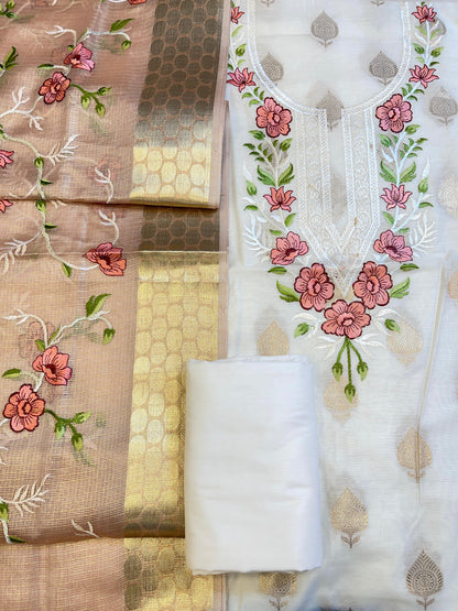 Off white Cotton Silk Dyable Embroidery Necklace with Tissue Silk Embroidered Dupatta Banarasi 3 pcs Suit Set IM_NC3