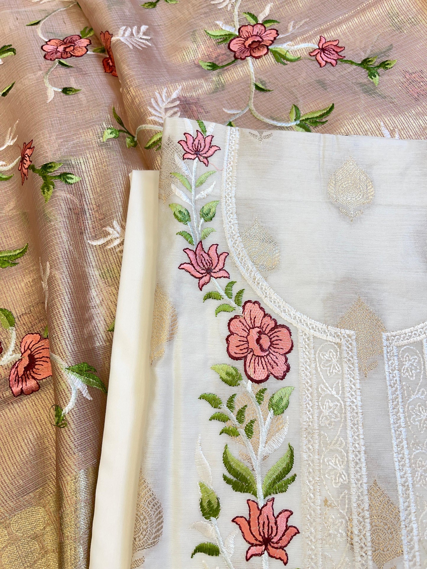 Off white Cotton Silk Dyable Embroidery Necklace with Tissue Silk Embroidered Dupatta Banarasi 3 pcs Suit Set IM_NC3