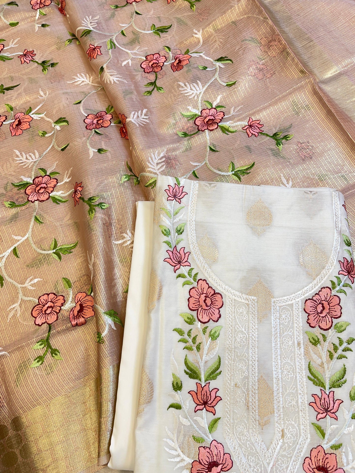 Off white Cotton Silk Dyable Embroidery Necklace with Tissue Silk Embroidered Dupatta Banarasi 3 pcs Suit Set IM_NC3