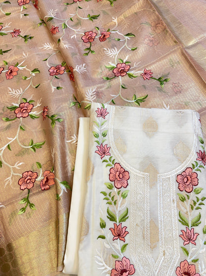 Off white Cotton Silk Dyable Embroidery Necklace with Tissue Silk Embroidered Dupatta Banarasi 3 pcs Suit Set IM_NC3