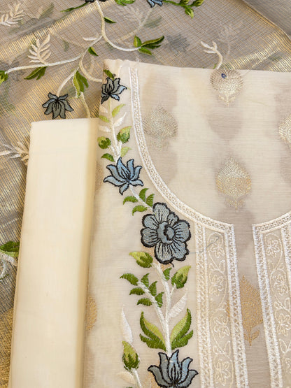 Off white Cotton Silk Dyable Embroidery Necklace with Tissue Silk Embroidered Dupatta Banarasi 3 pcs Suit Set IM_NC4