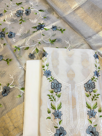 Off white Cotton Silk Dyable Embroidery Necklace with Tissue Silk Embroidered Dupatta Banarasi 3 pcs Suit Set IM_NC4