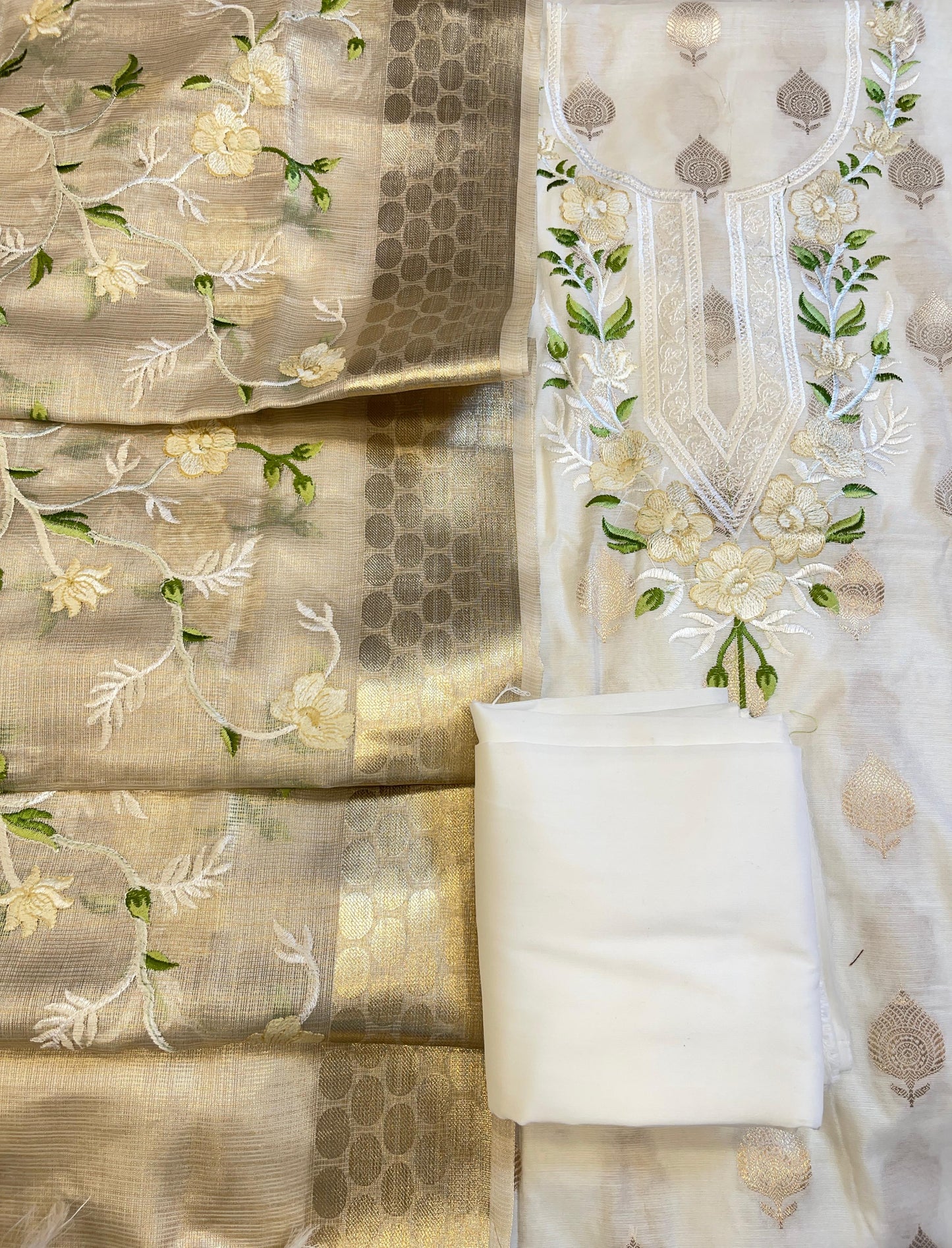 Off white Cotton Silk Dyable Embroidery Necklace with Tissue Silk Embroidered Dupatta Banarasi 3 pcs Suit Set IM_NC6