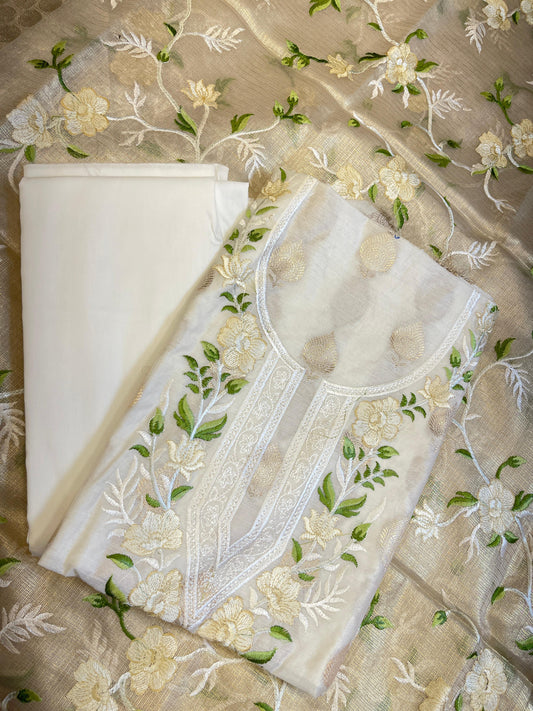 Off white Cotton Silk Dyable Embroidery Necklace with Tissue Silk Embroidered Dupatta Banarasi 3 pcs Suit Set IM_NC6