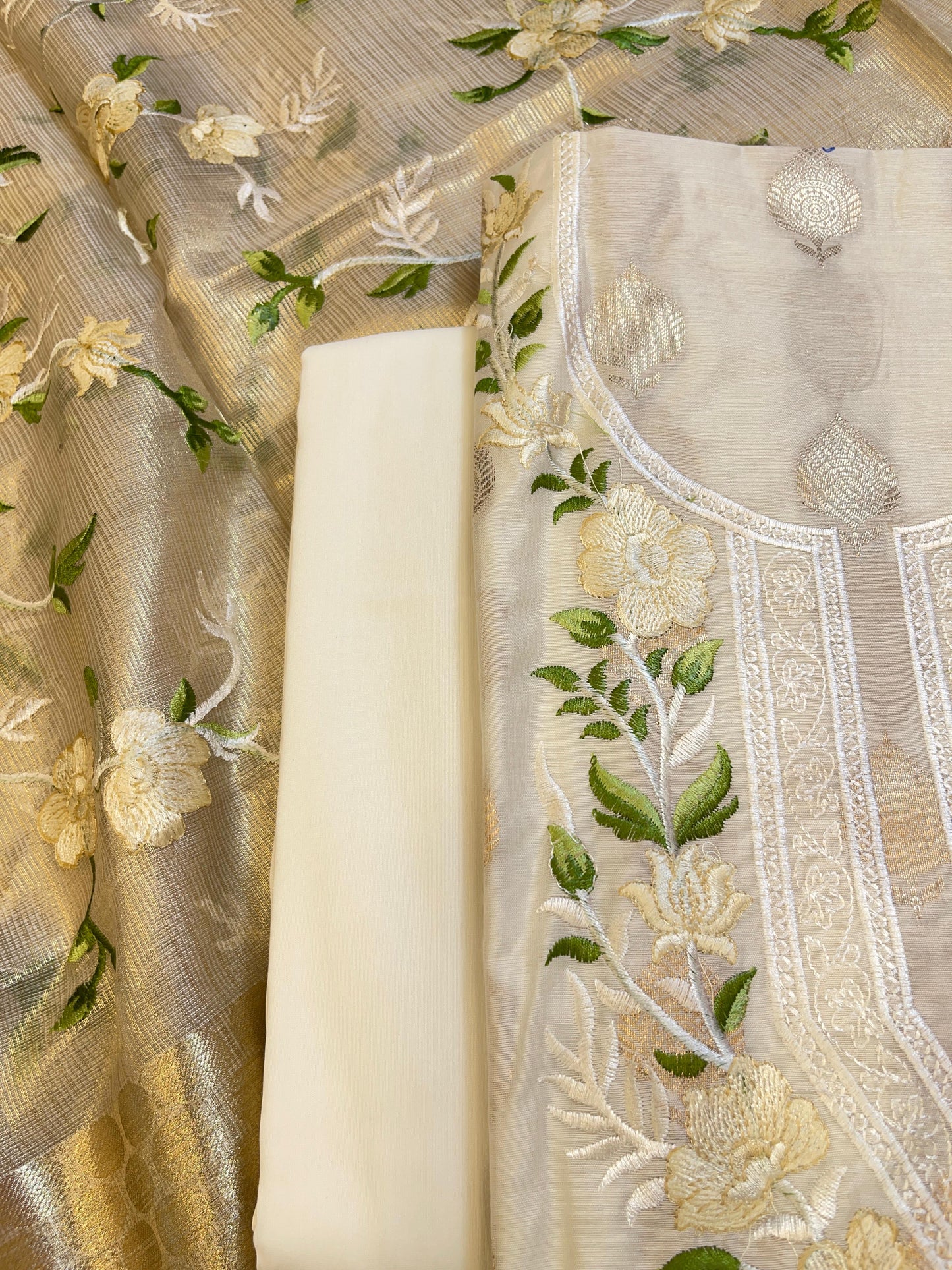 Off white Cotton Silk Dyable Embroidery Necklace with Tissue Silk Embroidered Dupatta Banarasi 3 pcs Suit Set IM_NC6