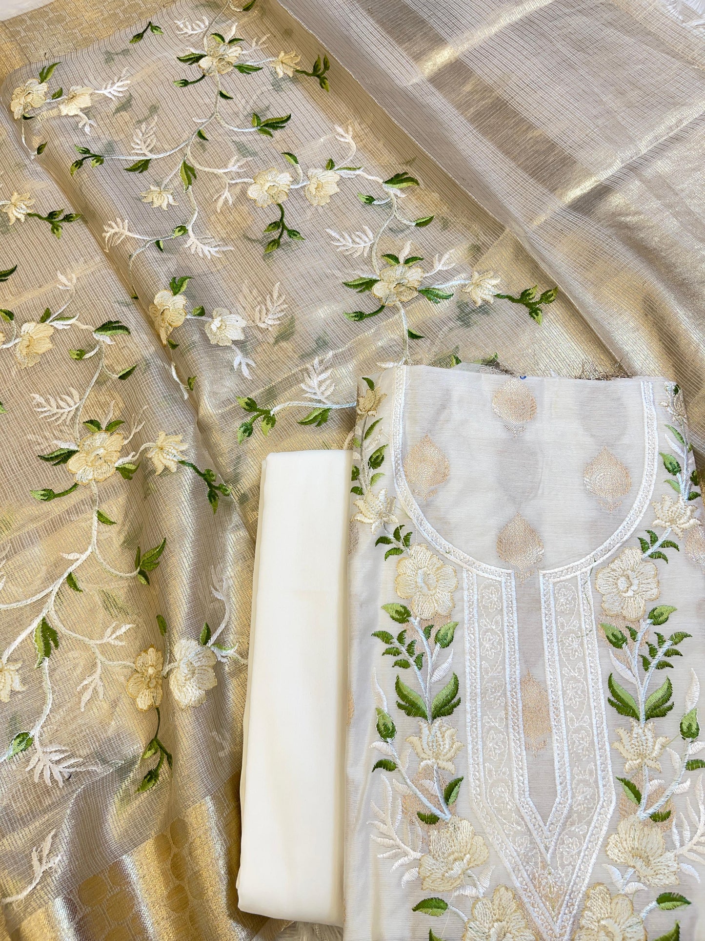 Off white Cotton Silk Dyable Embroidery Necklace with Tissue Silk Embroidered Dupatta Banarasi 3 pcs Suit Set IM_NC6