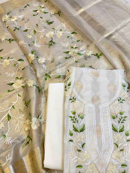 Off white Cotton Silk Dyable Embroidery Necklace with Tissue Silk Embroidered Dupatta Banarasi 3 pcs Suit Set IM_NC6