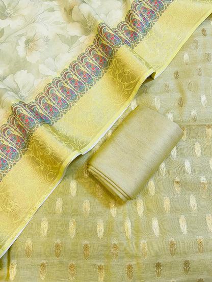 Beige Pure Mercerise Silk Chunri Zari Booti with Digital Print Dupatta Banarasi 3 pcs Suit Set 11IM_CS44