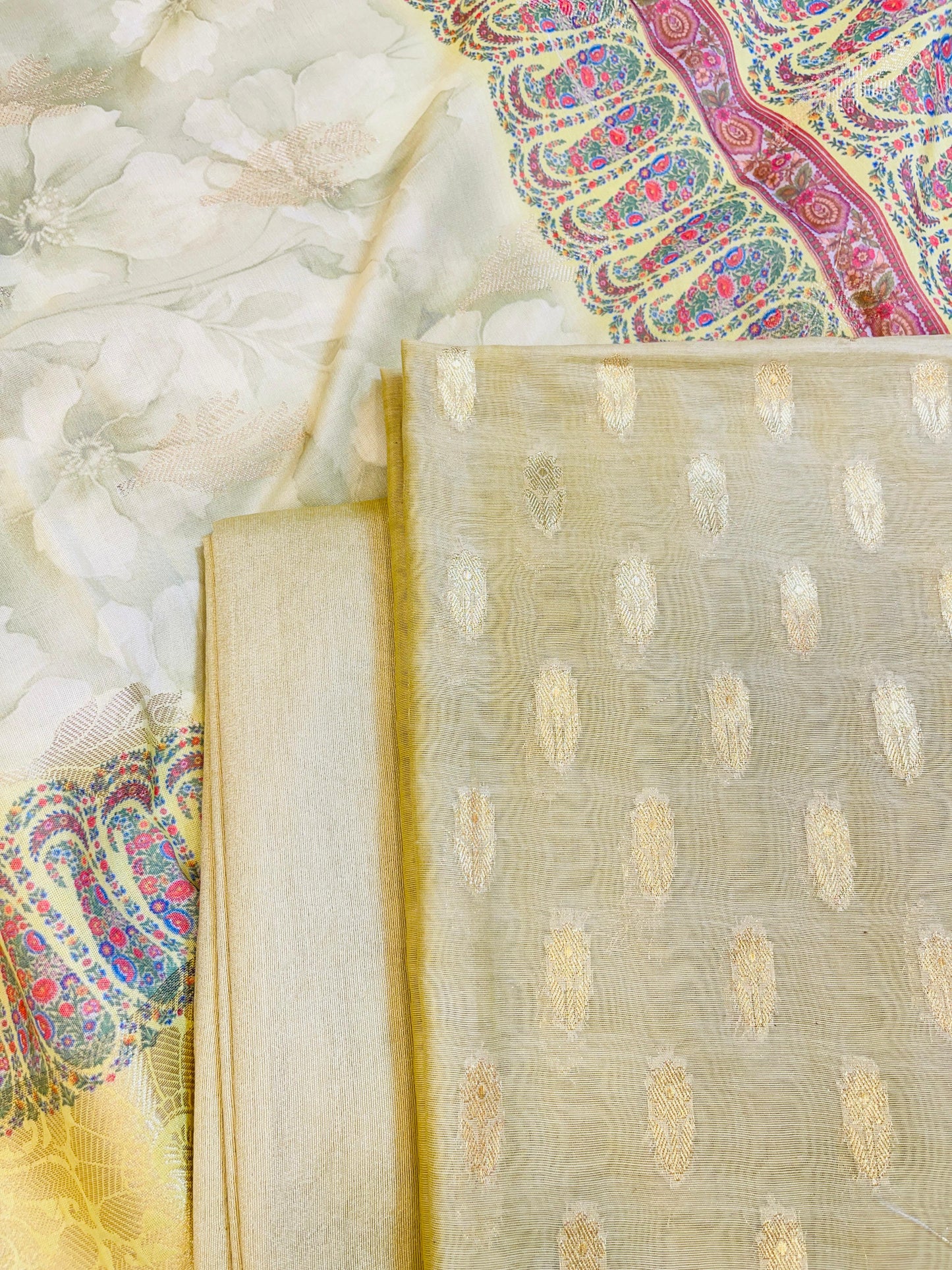 Beige Pure Mercerise Silk Chunri Zari Booti with Digital Print Dupatta Banarasi 3 pcs Suit Set 11IM_CS44