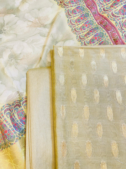 Beige Pure Mercerise Silk Chunri Zari Booti with Digital Print Dupatta Banarasi 3 pcs Suit Set 11IM_CS44
