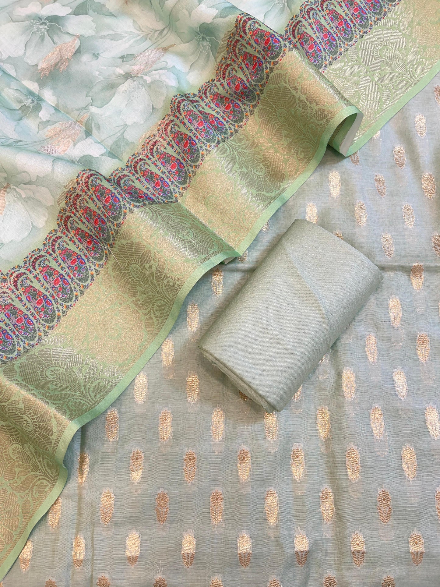 Seagreen Pure Mercerise Silk Chunri Zari Booti with Digital Print Dupatta Banarasi 3 pcs Suit Set 11IM_CS45