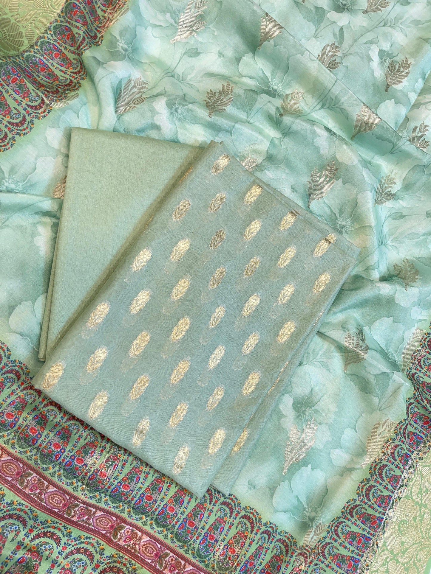 Seagreen Pure Mercerise Silk Chunri Zari Booti with Digital Print Dupatta Banarasi 3 pcs Suit Set 11IM_CS45