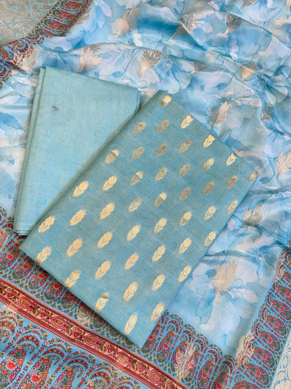 Blue Pure Mercerise Silk Chunri Zari Booti with Digital Print Dupatta Banarasi 3 pcs Suit Set 11IM_CS46