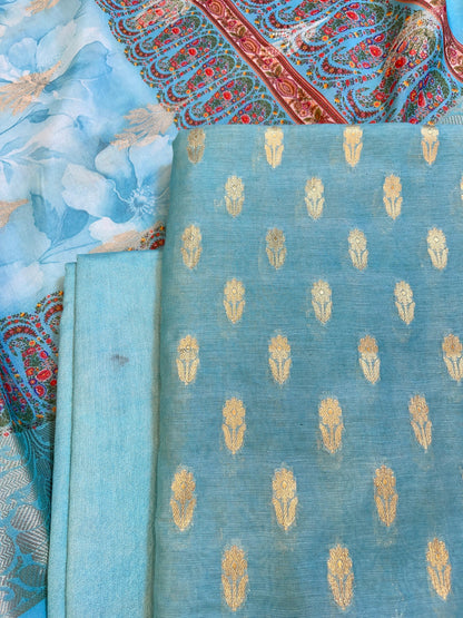 Blue Pure Mercerise Silk Chunri Zari Booti with Digital Print Dupatta Banarasi 3 pcs Suit Set 11IM_CS46