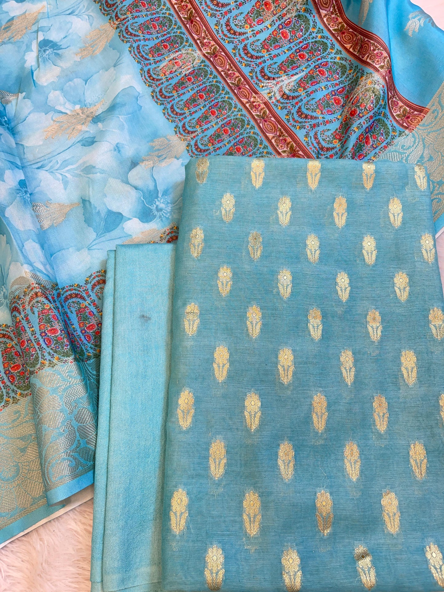 Blue Pure Mercerise Silk Chunri Zari Booti with Digital Print Dupatta Banarasi 3 pcs Suit Set 11IM_CS46