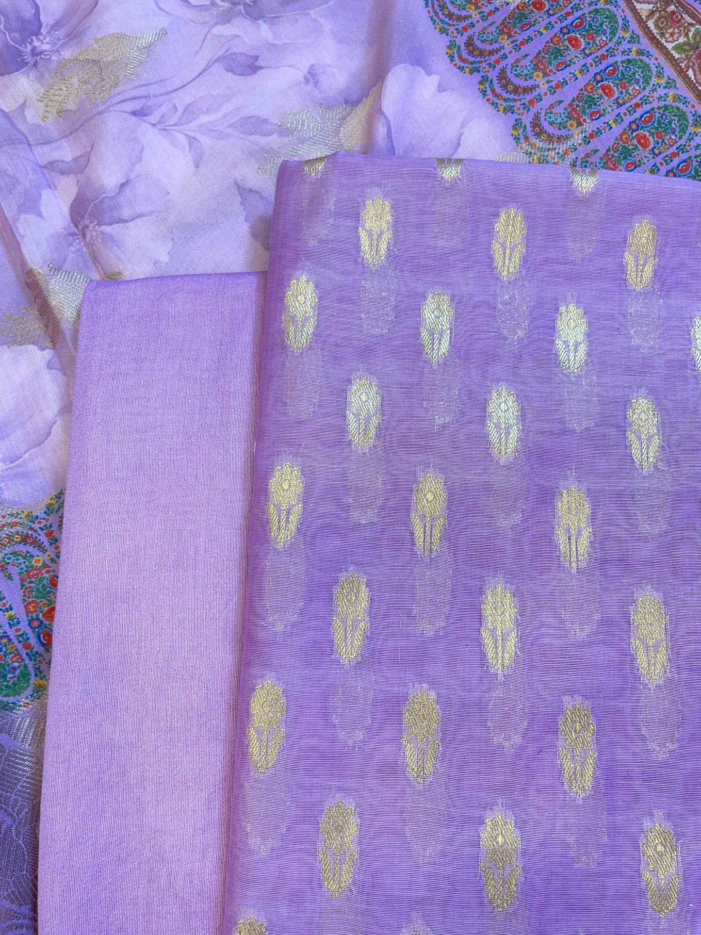 Purple Pure Mercerise Silk Chunri Zari Booti with Digital Print Dupatta Banarasi 3 pcs Suit Set 11IM_CS48