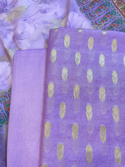 Purple Pure Mercerise Silk Chunri Zari Booti with Digital Print Dupatta Banarasi 3 pcs Suit Set 11IM_CS48
