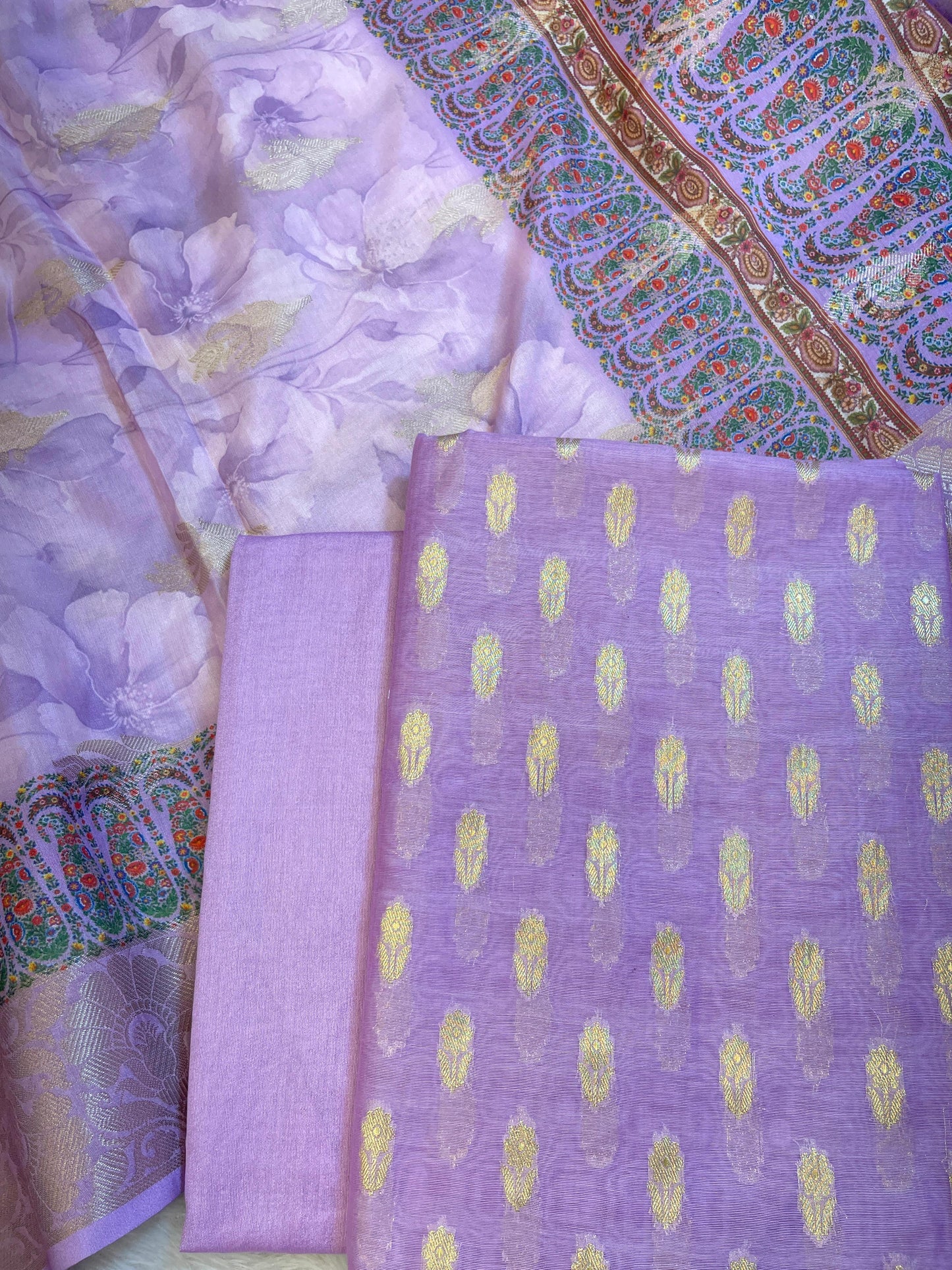 Purple Pure Mercerise Silk Chunri Zari Booti with Digital Print Dupatta Banarasi 3 pcs Suit Set 11IM_CS48